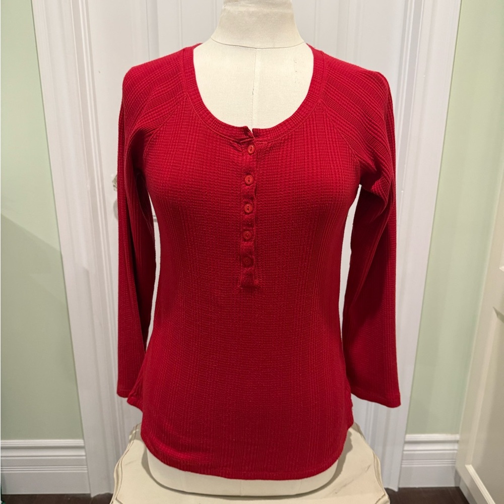 Carole Hochman Women's Sz Small Red Long Sleeve Waffle Knit Pyjama Top Buttons